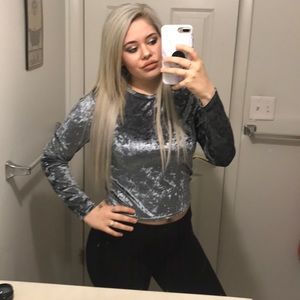 Grey crushed velvet semi crop top size medium